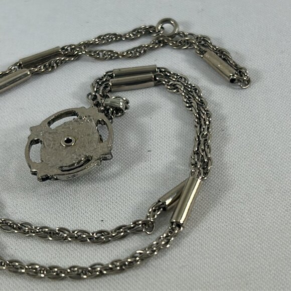 Vtg Yellow Rose Oval Pendant Cameo Style Necklace Silver Tone Ornate Cottagecore - Picture 5 of 11